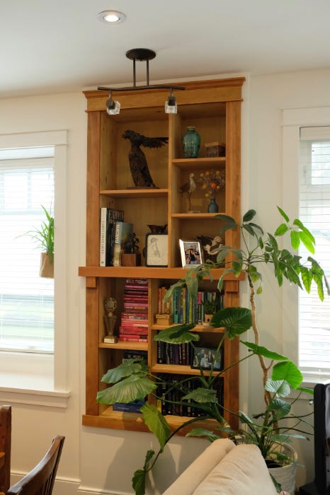 A wooden bookshelf built into a white wall between two windows, filled with books, figurines, and framed pictures. A large potted plant sits beside the shelf.