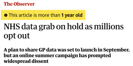 A headline saying “NHS data grab on hold as millions opt out”