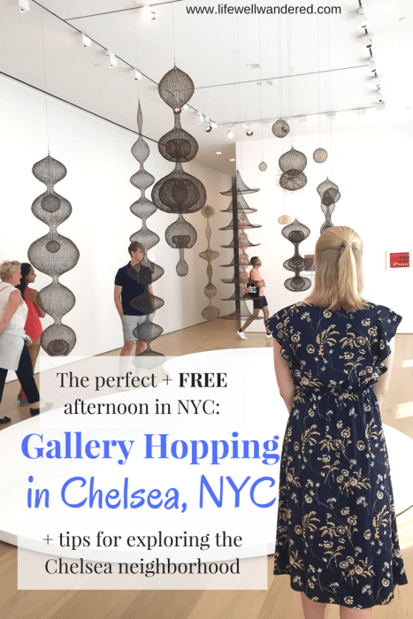 Are you an art or culture lover looking for the perfect FREE afternoon in NYC? Consider gallery hopping in Chelsea. Click to read my tips for gallery hopping in Chelsea (it's free!), how to get to Chelsea, and other things to do in Chelsea, NYC.