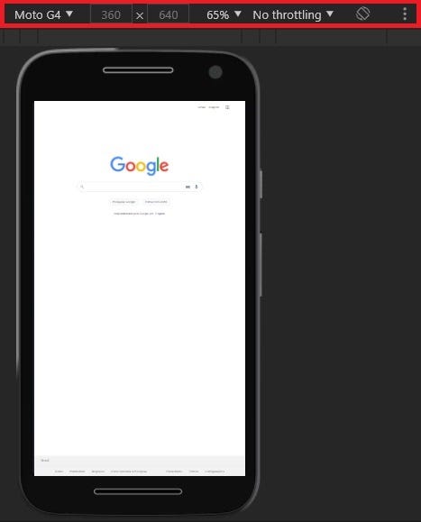 Imagem de página do Google simulando tela no dispositivo Moto G4, com tamanho e porcentagem de zoom, combobox de dispositivo com processamento simples ou intermediários e opção de conexão offline, e rotação de tela. Menu superior destacado em vermelho.