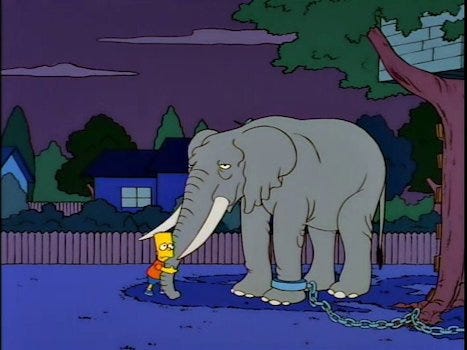 A still frame of Bart Simpson hugging the trunk of an elephant which is realistically drawn and looks indifferent