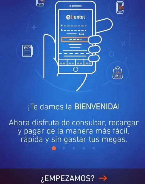 Pantalla de bienvenida que tiene la app de Entel.