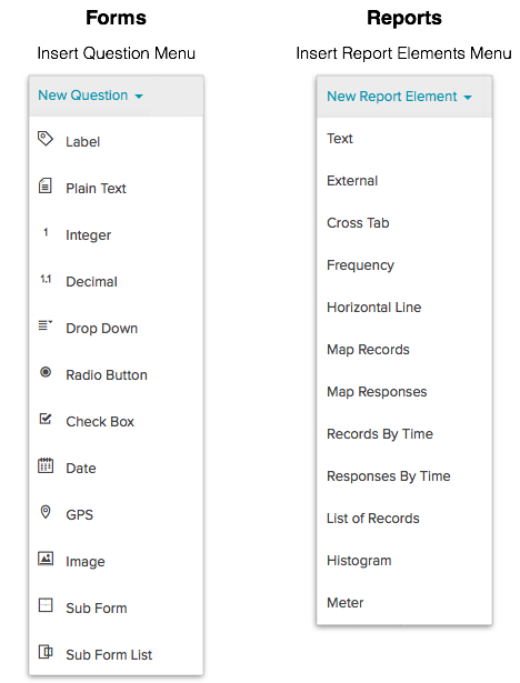 Magpi Forms menu versus Reports menu