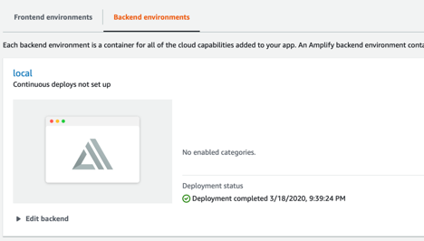 After you create a new amplify project, the console should display no backend environments