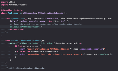 Screenshot of how the AppDelegate file should look after initializing the AWS Mobile Client.