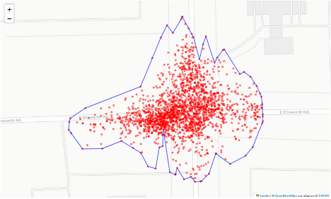 This image shows what a concave hull geofence looks like around the cluster of close points. In this case, it sits tightly on the external locations shown on this map.