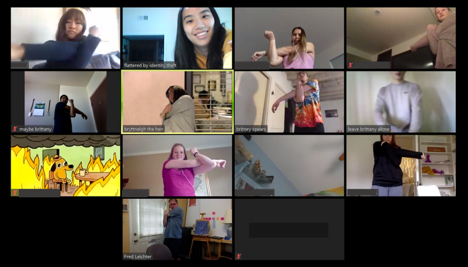 Images of participants stretching on Zoom
