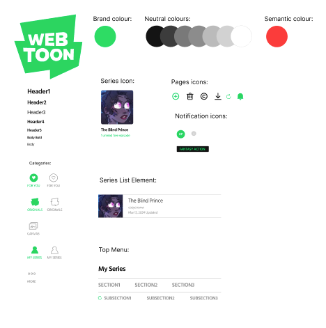 A picture of a style-tile that extracts UI elements from Webtoon’s mobile app.