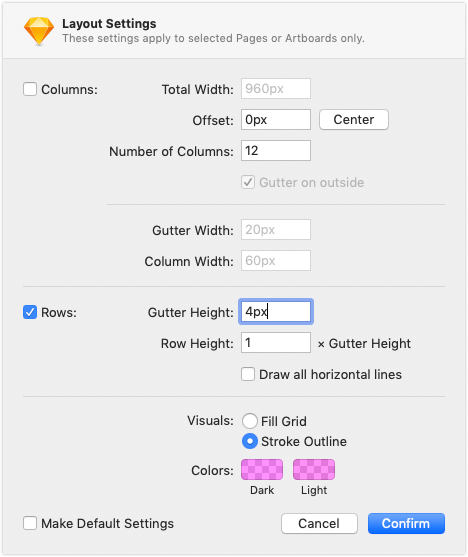 Setup of a layout within Sketch design tool.