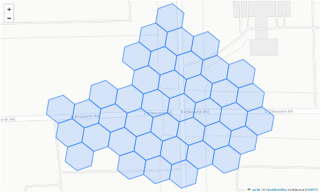 This image shows what happens when you convert a concave hull polygon into the overlapping H3 hexagons of a chosen dimension. Each hexagon corresponds to a unique 64-bit integer, making storage and querying extremely inexpensive. These hexagons are shown on the map in a light blue color.