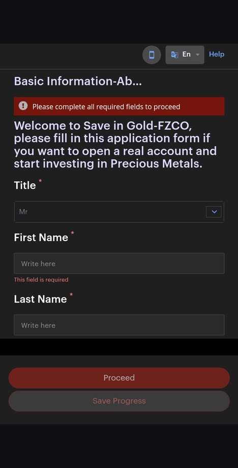 Screenshot of the old SaveInGold registration flow, showing the app handing users off to an unfamiliar external browser domain during identity verification