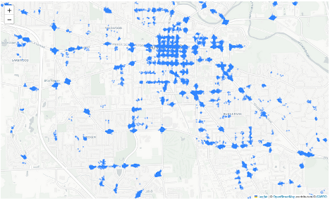 This image contains a map that shows all the stop candidates as clusters of blue dots. The least dense areas will later be removed.