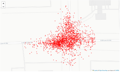 This image shows a collection of close locations in a cluster (represented as red dots) before a geofence has been drawn around them.