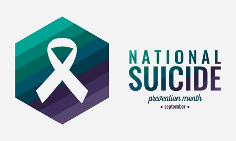 September is National Suicide Prevention Month — white ribbon shown on top of hexagon shape with 8 layers of color that range from teal to gray.