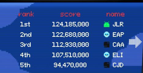 Leaderboard for I/O pinball with 10 top scores displayed.