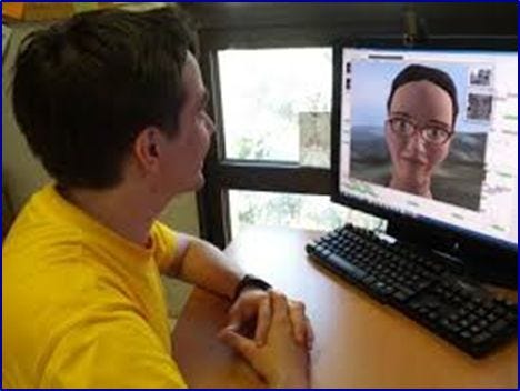 Person talking to an avatar on a screen.