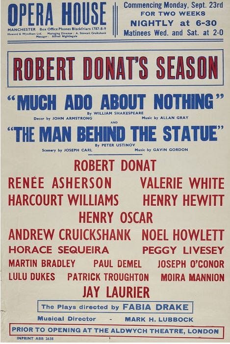 A poster with large text in red and blue advertising plays and the actors appearing in them.