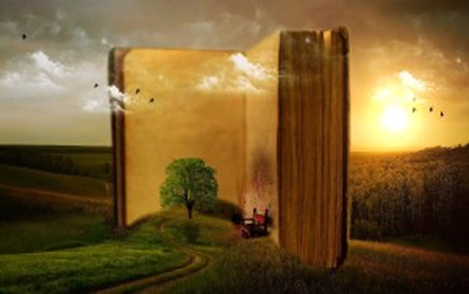 Image of a country landscape with a huge image of a book sitting in the middle of it open to some blank pages. At the bottom is a hill, a tree, and some other objects.