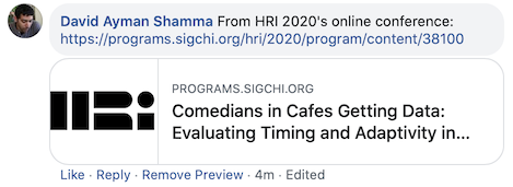 A facebook comment and url preview of a paper from HRI2020.