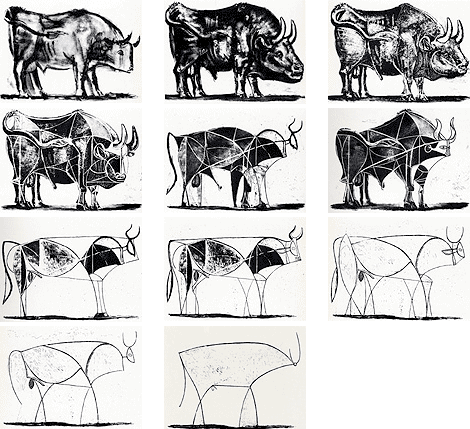 Eleven depictions of a bull, in different stages, going from detailed, to abstract, until it is a line drawing.