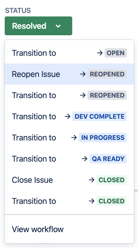 Screenshot of JIRA changing a story status to Reopen Issue