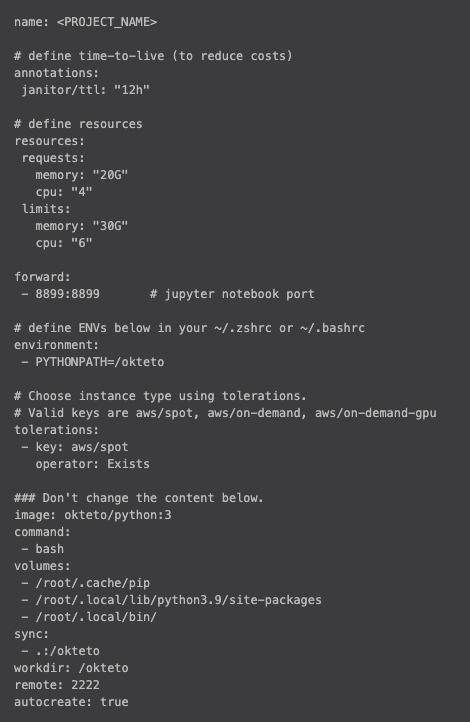 Yaml file describing an okteto instance
