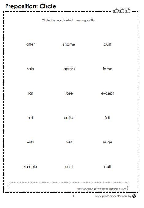 Preposition Worksheet for Class 3