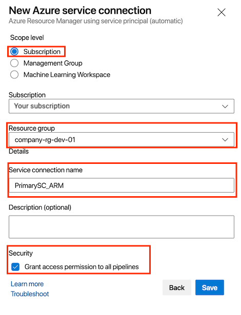 Screenshot of Azure Resource Manager service connection options