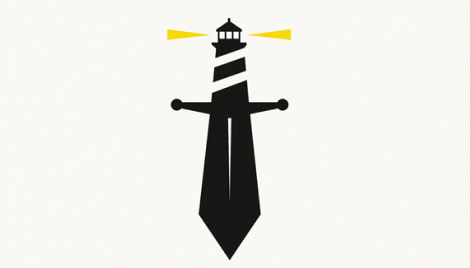 Illustration of a sword, sharp end down, the hilt is a lighthouse