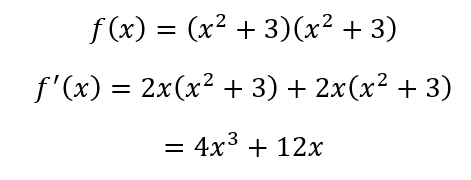 The derivative is 4 x cubed plus 12 x, according to the Product Rule.