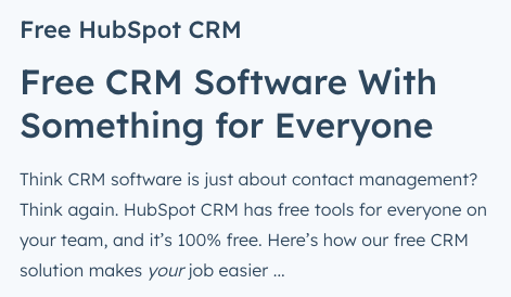 Screenshot of HubSpot promoting CRM Software with easy to understand benefits attached.