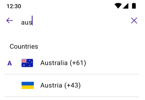 Figure 3: country code picker in search state