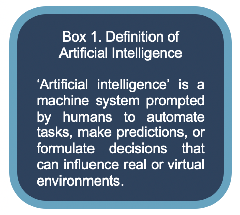 “Box 1. Definition of Artificial Intelligence — ‘Artificial intelligence’ is a machine system prompted by humans to automate tasks, make predictions, or formulate decisions that can influence real or virtual environments.’