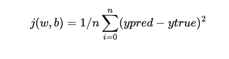 the cost equation Mean Squared Errors is the average of the squared difference of each true target y and the estimated y hat point