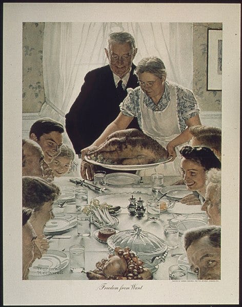 An idealized depiction of family life by Norman Rockwell, “Freedom from Want”, Published: March 6, 1943