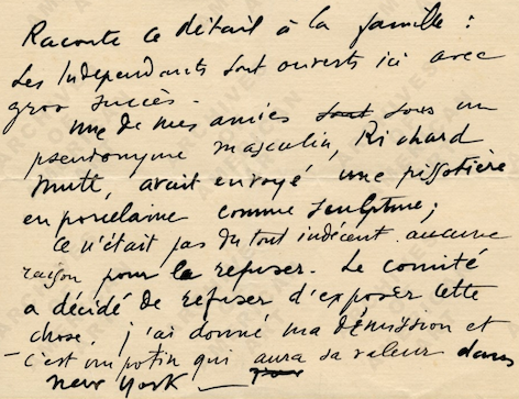 Excerpt from Duchamp's letter to his sister about the urinary