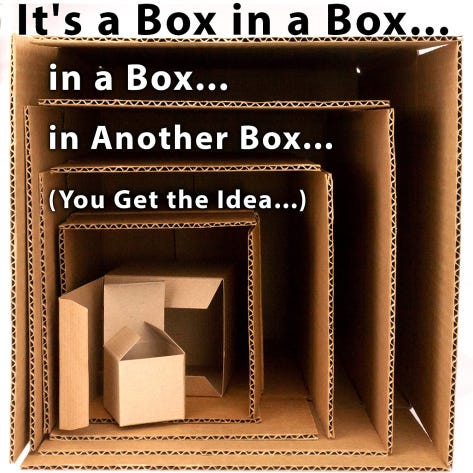 One big box with many smaller boxes inside and text saying “it’s a box in another box”