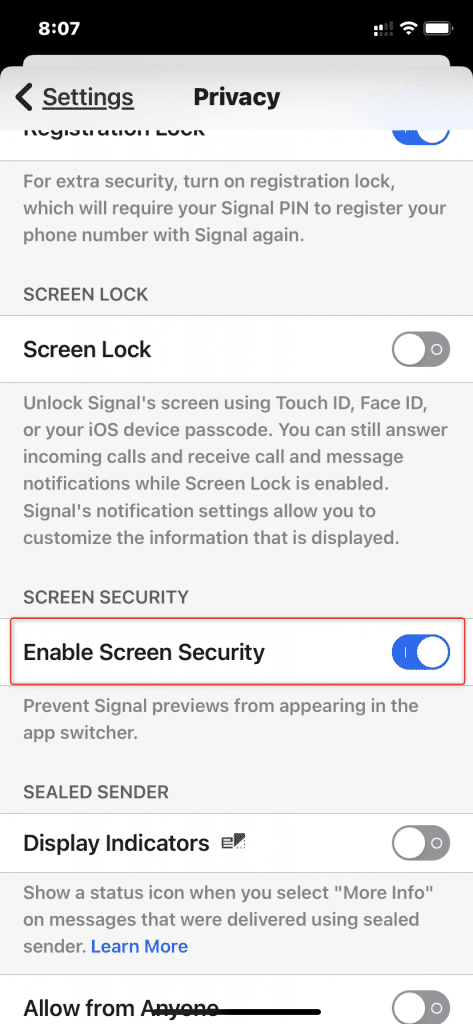 Enable Screen Security on Signal app