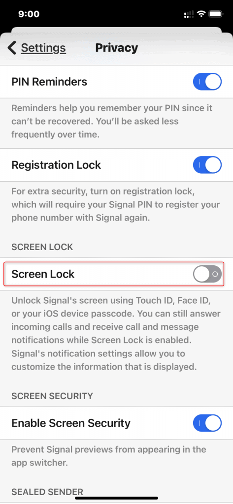 An image of enableing Face ID With Screen Lock Option on The Signal