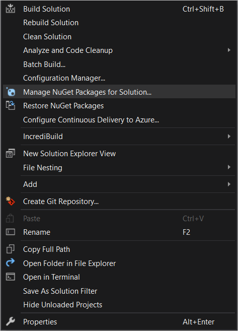 Manage NuGet Packages for Solution option | Reporting Tools Software