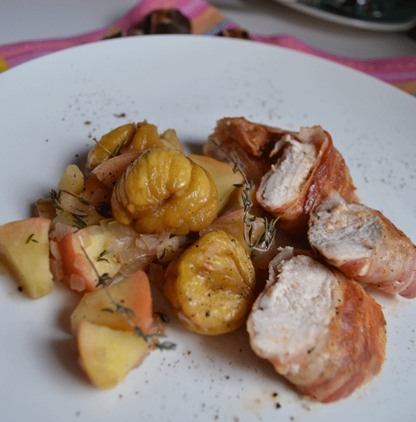 Chicken wrapped in pancetta with apples and chestnuts
