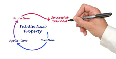 A drawing of intellectual property with the words, creation, application, protection, and successful business.