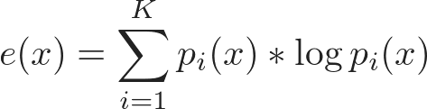 Entropy: e(x) = \sum_{i=1}^K {p_i(x)*\log p_i(x)}