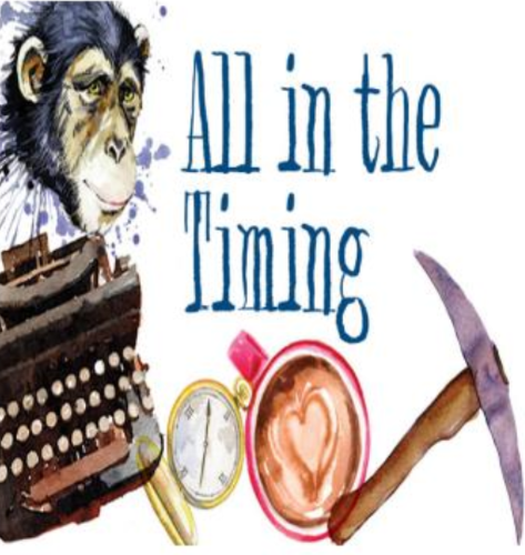 A poster for the upcoming production. Features a chimpanzee, a typewritter, a pick-axe, a pocket-watch and a cup of coffee.
