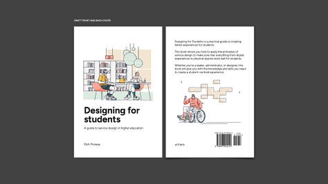 A graphic of a front and back cover for Designing for students. The front cover features the title and an illustration of 2 students sitting in a library. The back cover features a blurb and a student in a wheelchair