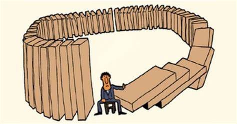 A cartoon in which I man sitting on a chair pushes down a domino taller than he is, but the line of dominoes stretches around behind him and when finished falling will crush him.