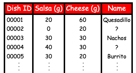 An example of tabular data. Various foods and listed with their grams of salsa and cheese