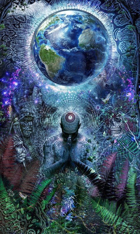 a psychedelic man sits merging with nature underneath the planet earth, on the top of his head there is an eye and there are vibrations connecting him with everything