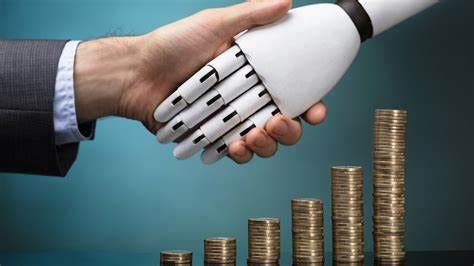 A human hand shaking hands with an AI or Robot hand in front of a stack of golden coins.