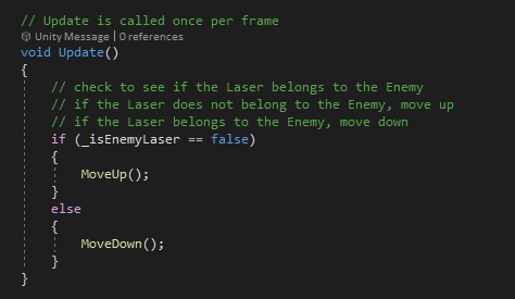 Screenshot of Laser void Update with if else statement added